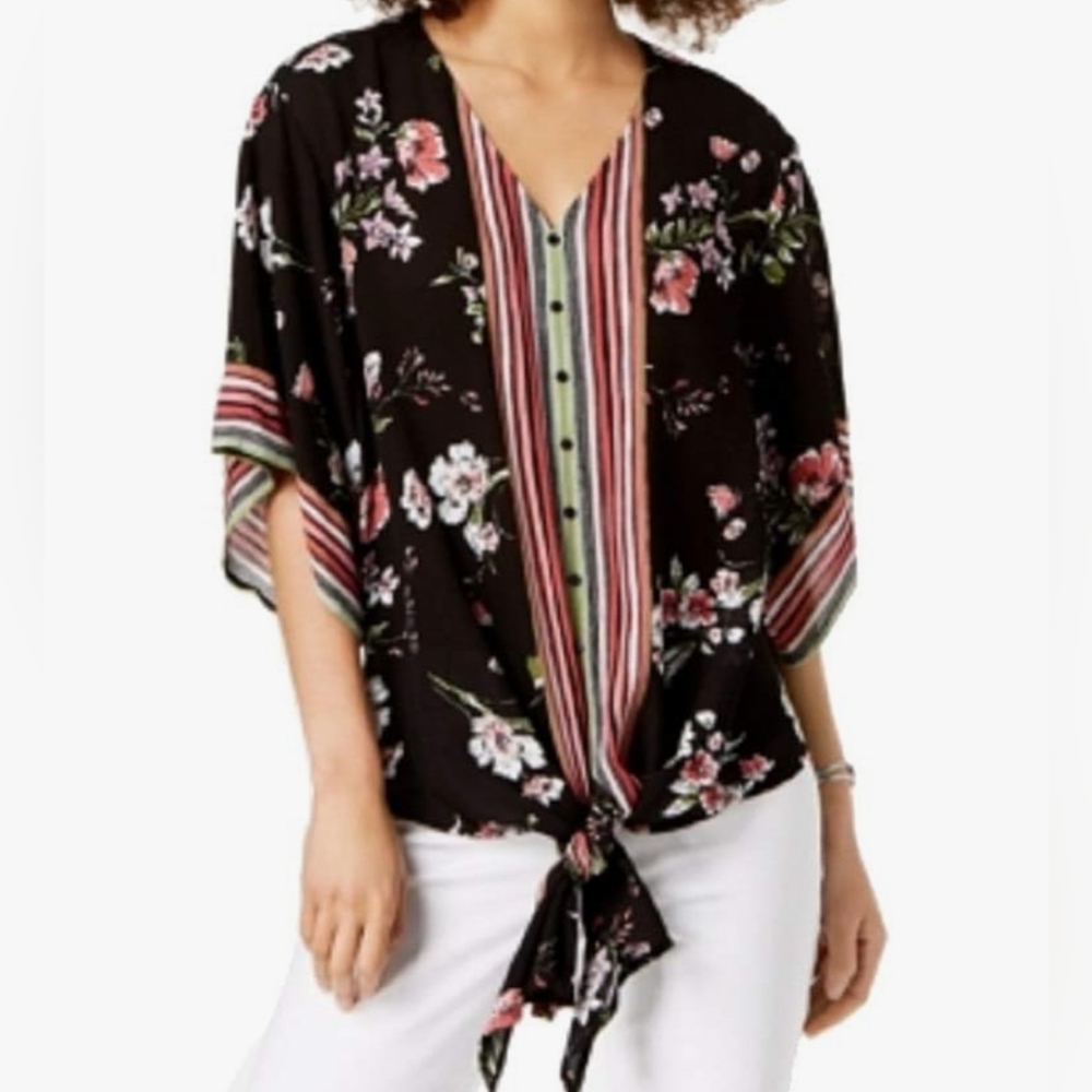 STYLE & CO. size Small Floral Boho Striped Button Front‎ Waist Tie Blouse Black